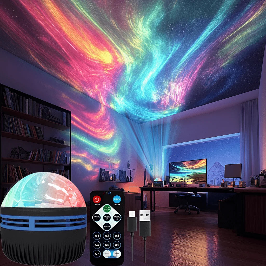 LED Starry Sky Projector Night Light – 7 Colors Northern Aurora Galaxy Lamp with Remote Control & USB Auto Rotation