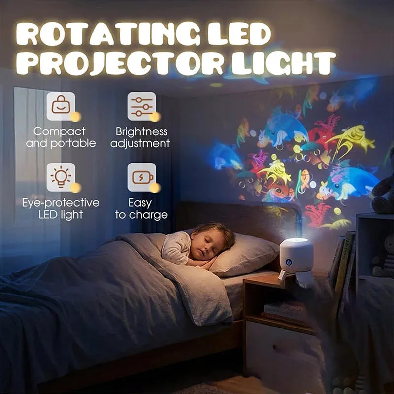 Dynamic 360° Rotating LED Projector Light – Rechargeable Atmosphere Lamp with Adjustable Brightness for Bedroom Decor