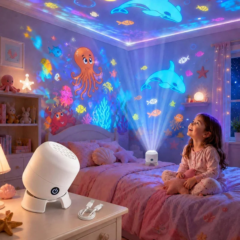 Dynamic 360° Rotating LED Projector Light – Rechargeable Atmosphere Lamp with Adjustable Brightness for Bedroom Decor